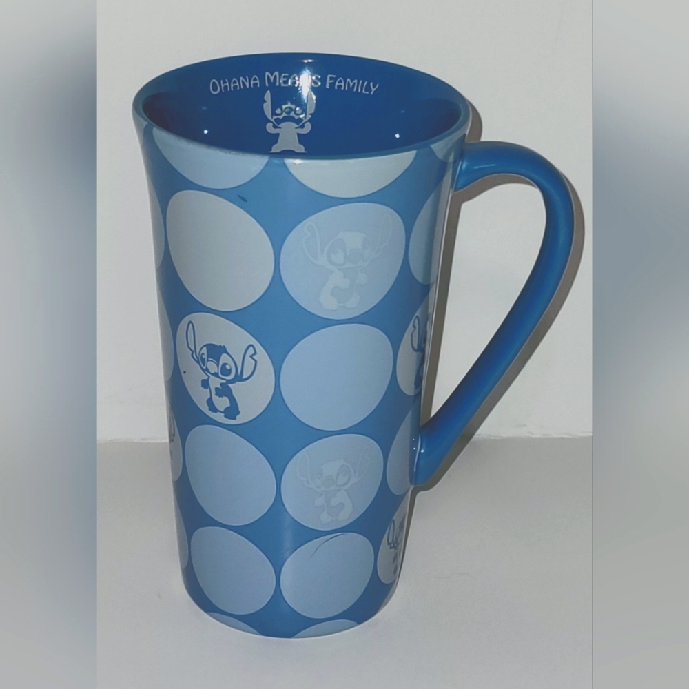 Disney Lilo and Stitch Tall Blue Coffee Mug Ohana Means Family, Rare